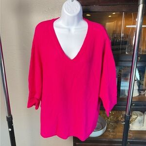 Halogen Hot Pink V-Neck Soft Fuzzy Sweater with Three-Quarter Sleeves XL
